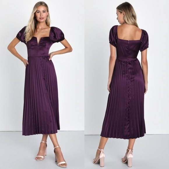 Lulus Dresses & Skirts - Lulus Flawless Forever Dark Purple Satin Pleated Midi Dress M Wedding Party Prom